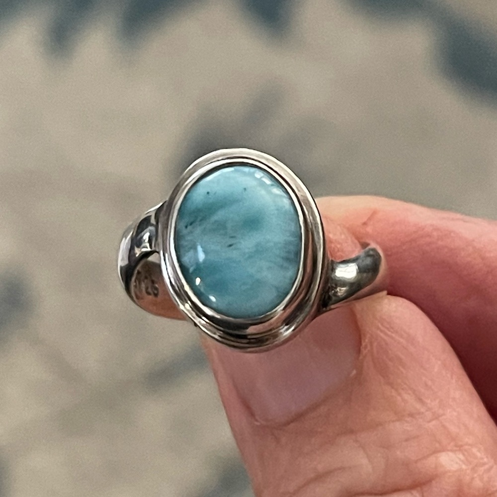 Natural Larimar Solid Sterling Silver Size 7 Ring - image 2